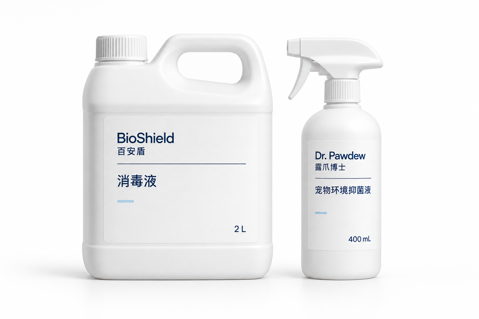 百安盾 2 L 提手桶与露爪博士 400 mL 喷剂的产品组合包装设计示意